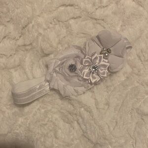 White Floral Baby Headband with Pearls and Rhinestone Accents